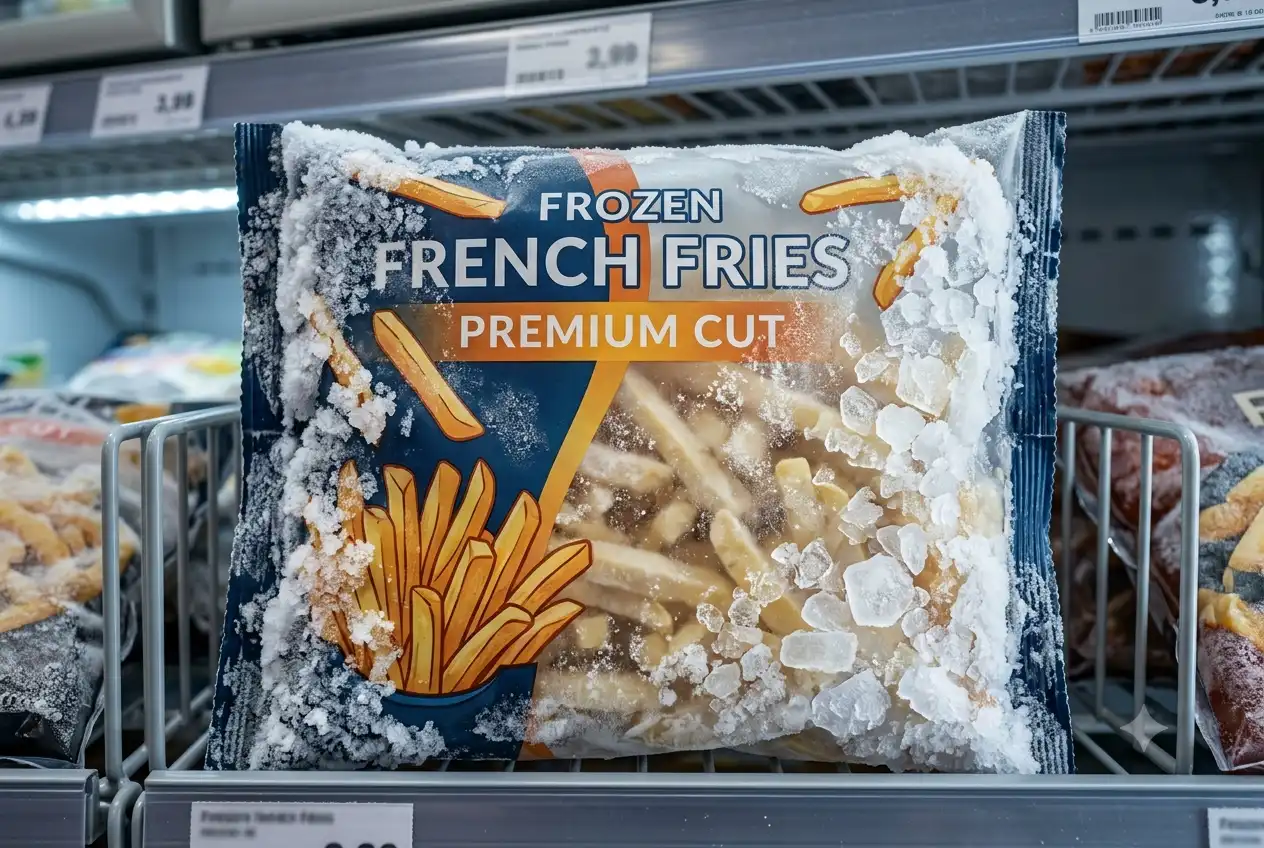 Bunga es tebal menutupi sebagian kemasan frozen food