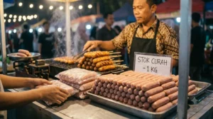 Ilustrasi penjual sosis bakar dengan stok sosis 1 kg