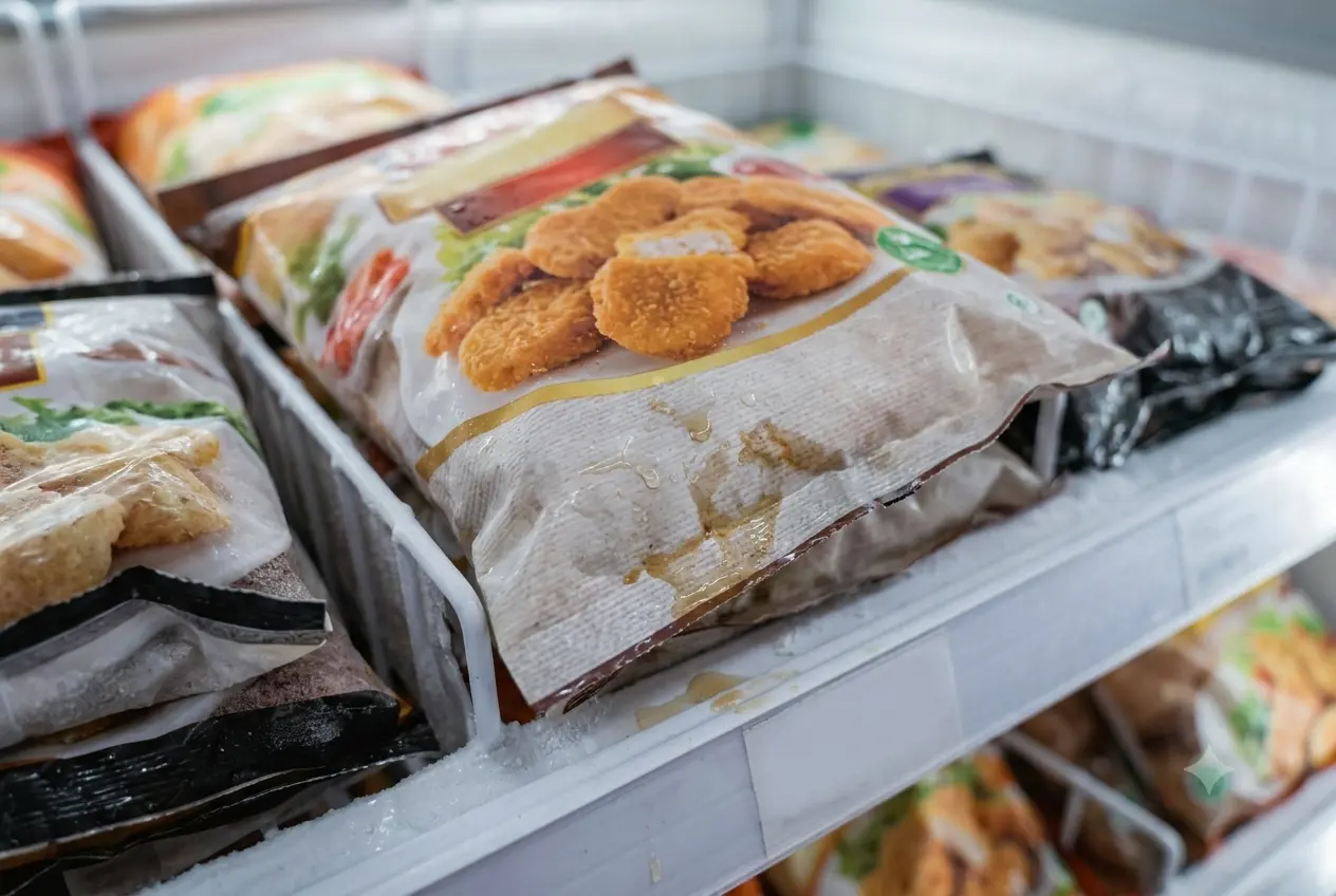 Kemasan frozen food dengan bercak cairan lengket pada permukaannya