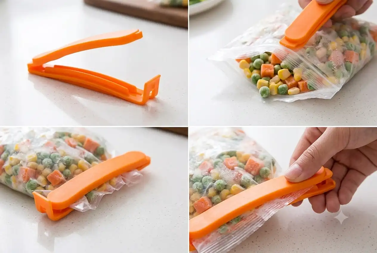 Kemasan frozen food ditutup menggunakan klip sealer