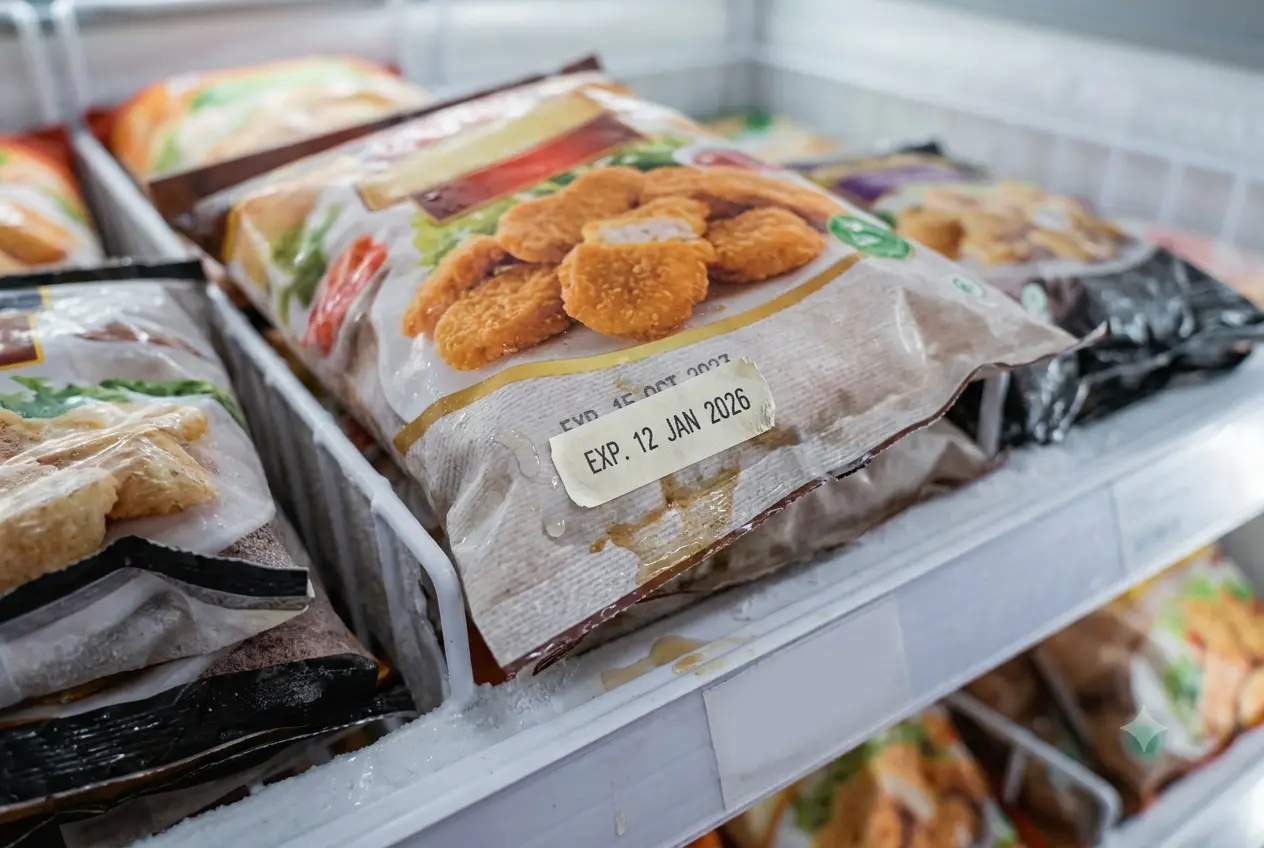 Label tanggal kedaluwarsa pada kemasan frozen food ditimpa stiker