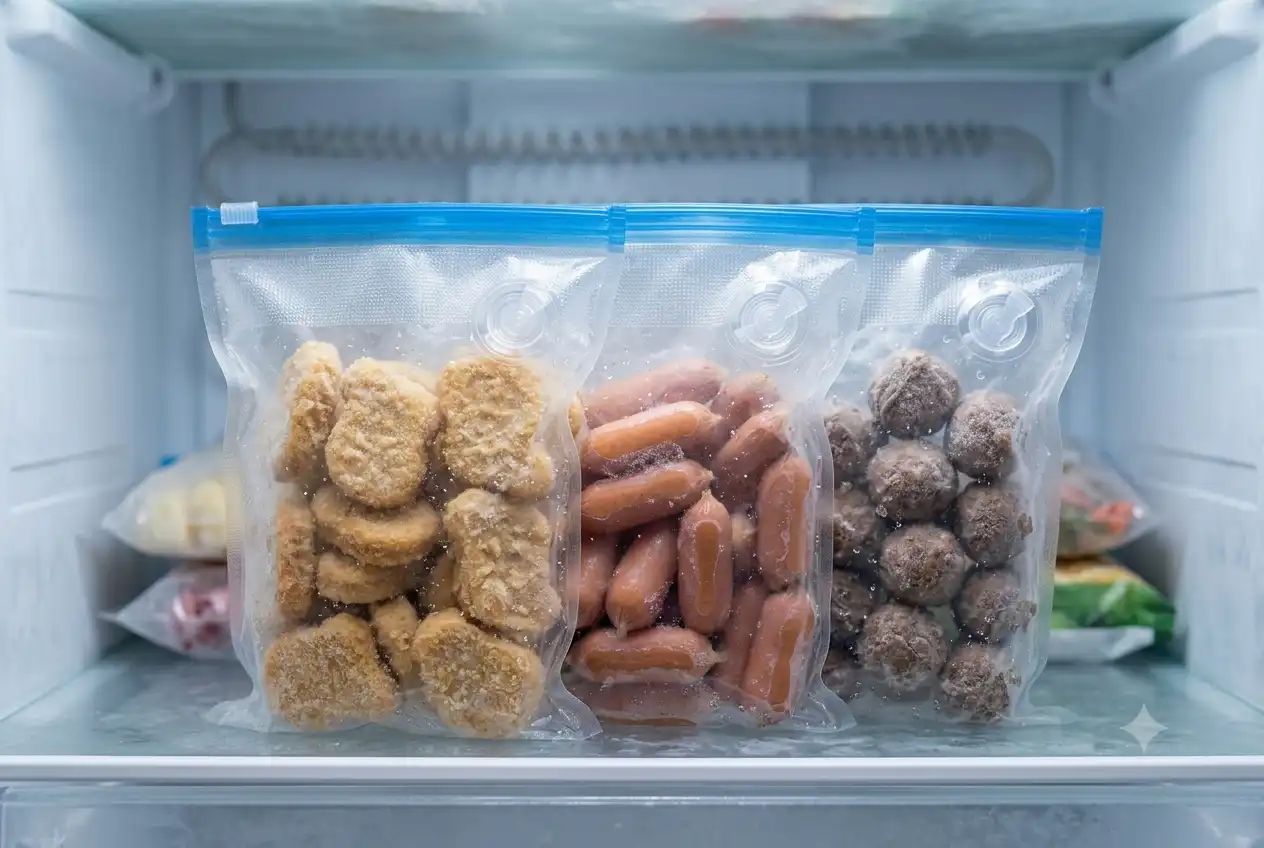 Sosis, nugget, dan bakso disimpan terpisah di dalam freezer