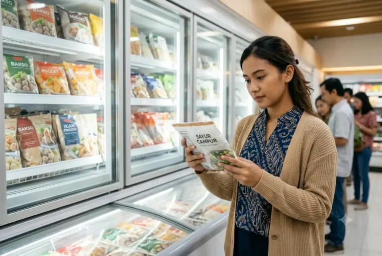Pembeli memeriksa kondisi frozen food sebelum membeli