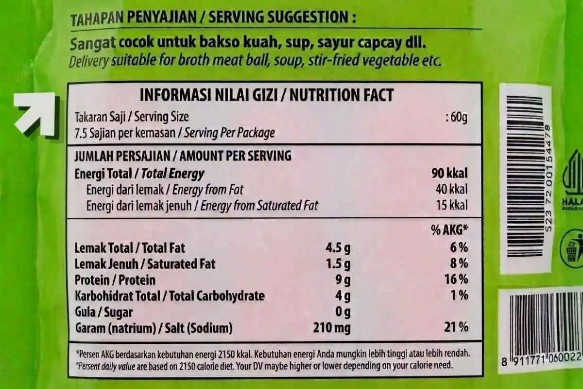 Jumlah sajian per kemasan pada tabel informasi nilai gizi frozen food