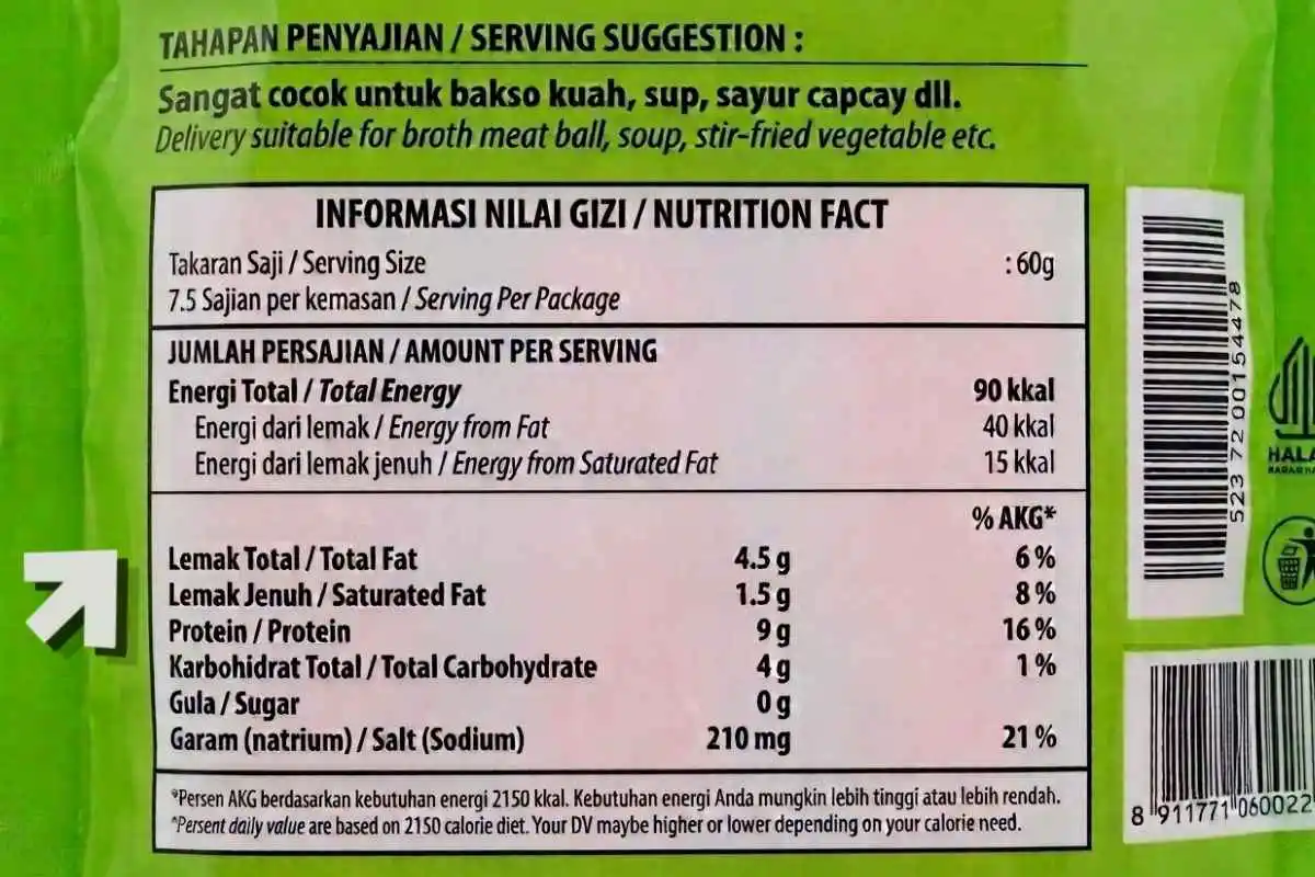 Kandungan lemak, protein, karbohidrat, gula, dan garam per sajian frozen food